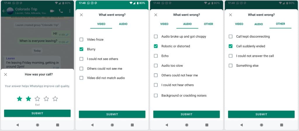 Redesigned WhatsApp end call survey on Android showing How was your call? and What went wrong? tabs for video, audio, and other issues