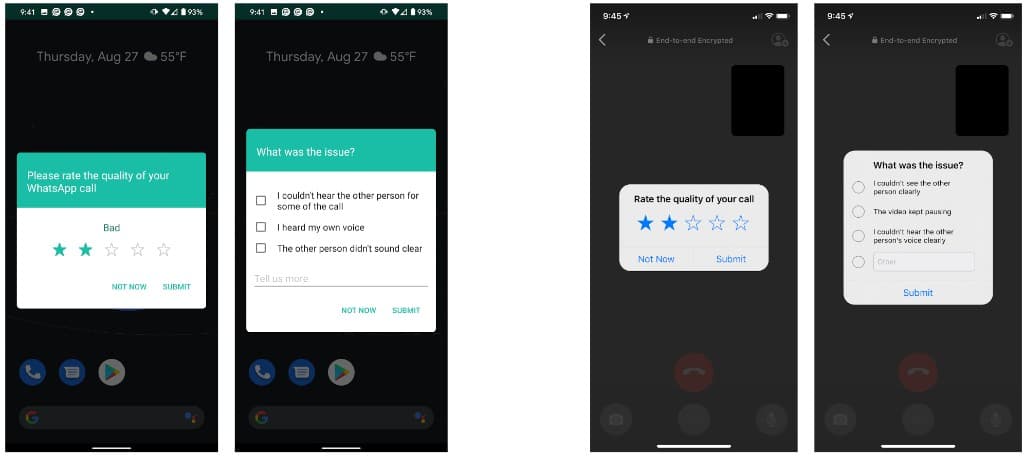 Old WhatsApp end call survey: Android (rating and issue selection) and iOS (rating and issue selection) side by side