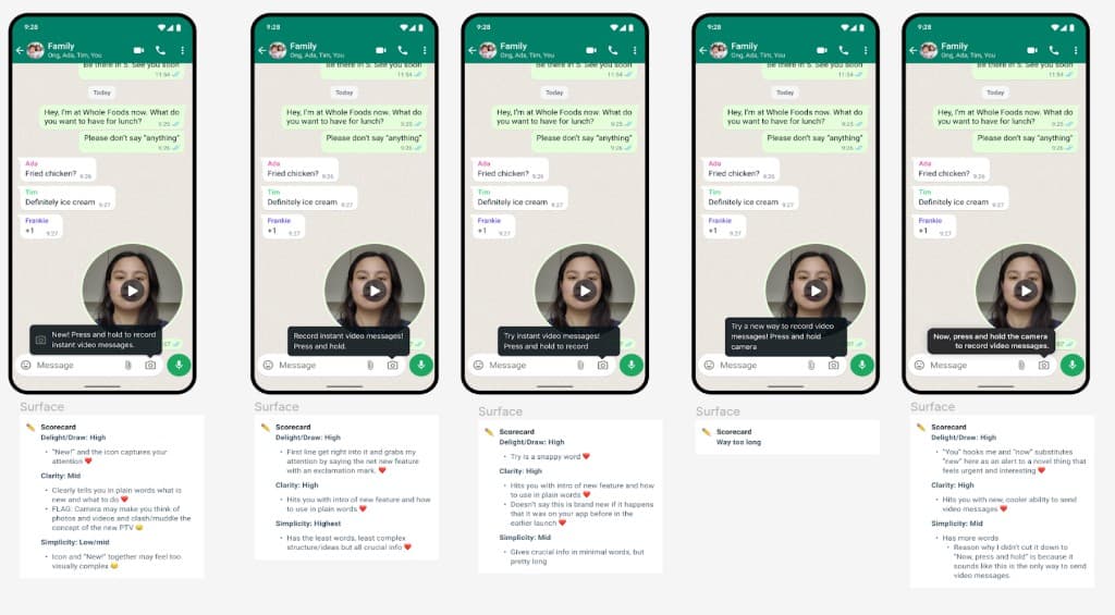 Five tooltip variations for instant video messages with Surface Scorecards evaluating Delight/Draw, Clarity, and Simplicity